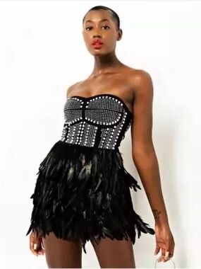 Banjul Black Strapless Studded Bodice Feather Mini Dress